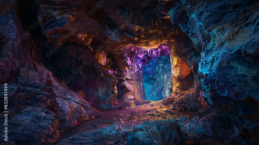 In a hidden cave, an ancient portal glows with vibrant colors. Its intricate carvings hint at unknown worlds beyond, waiting to be explored.