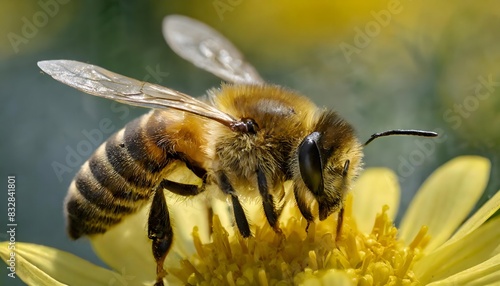 a bee is working on a flower with bee wings.