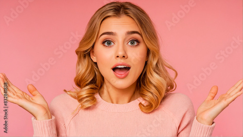 Wallpaper Mural A young woman, caught in a moment of delightful surprise, stretches her arms wide against a vibrant teal backdrop. Her striped sweater adds a playful touch to this expressive portrait. Torontodigital.ca