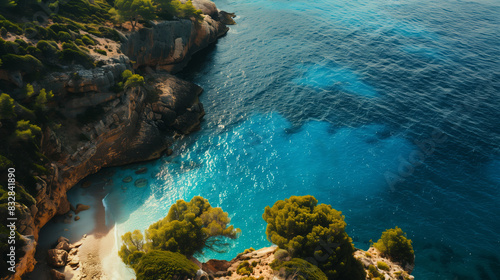 AI Image. Aerial top view on a clifftop over the turquoise water of the sea bay photo