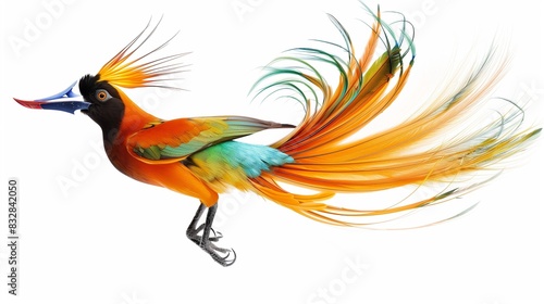 An exotic bird of paradise displaying its vibrant and intricate plumage  creating a visually stunning image  isolated on solid white background.