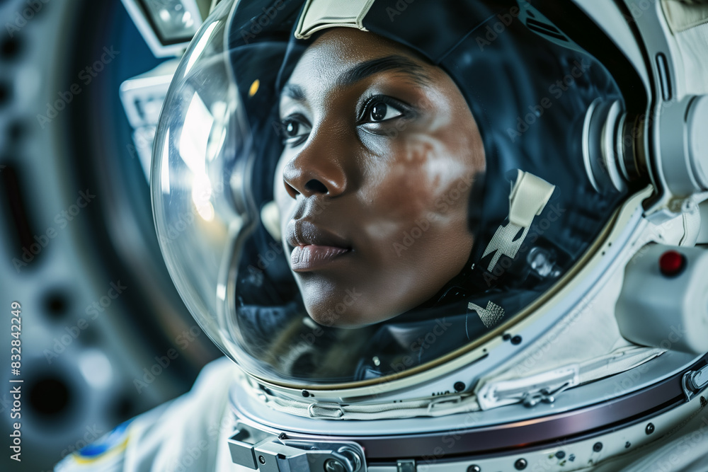Reflective female astronaut gazing into distance. Generative AI image Reflective female astronaut gazing into distance. Generative AI image