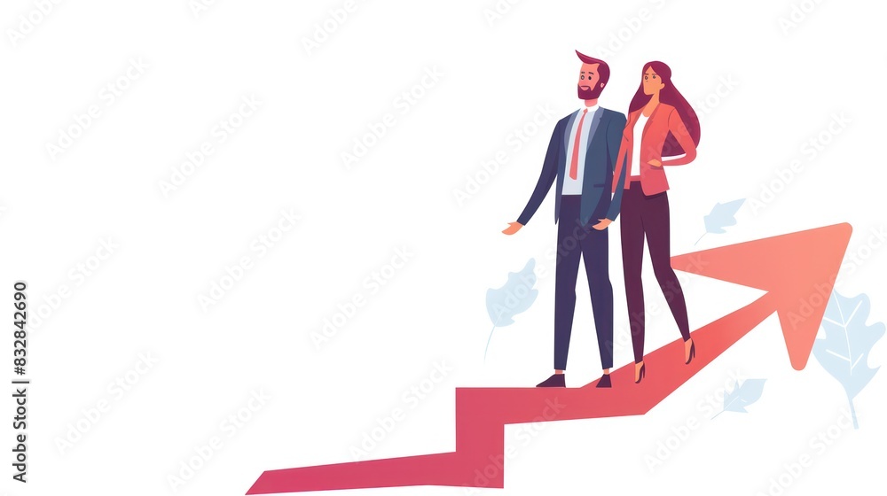 Man and woman on the background of an arrow going up. The concept of crisis management, teamwork. A group of strong, successful businessmen Man and woman on the background of an arrow going up. The concept of crisis management, teamwork. A group of strong, successful businessmen