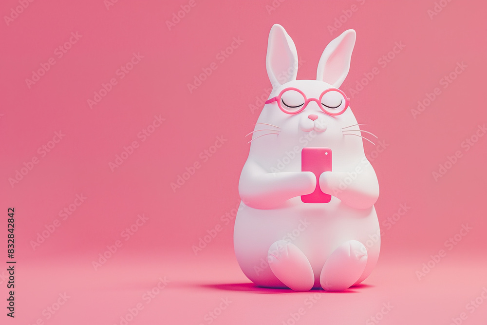 White rabbit with glasses using a smartphone on pink background. Generative AI image White rabbit with glasses using a smartphone on pink background. Generative AI image