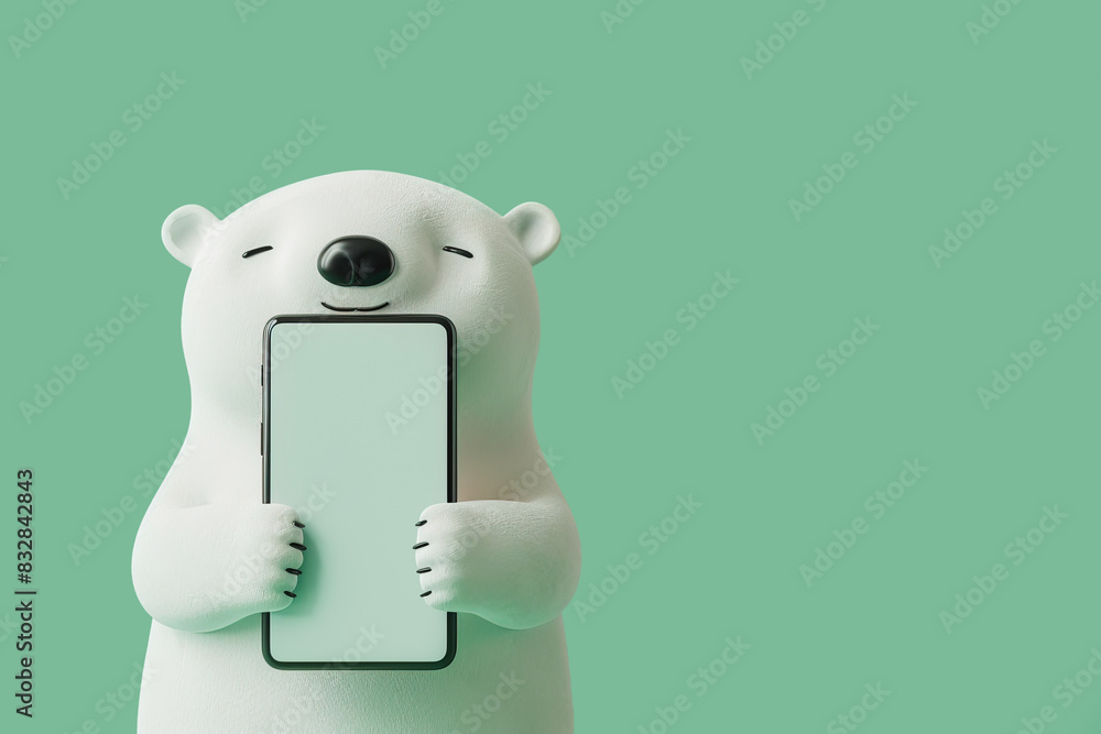 Polar bear cartoon hugging a blank mobile phone screen. Generative AI image Polar bear cartoon hugging a blank mobile phone screen. Generative AI image