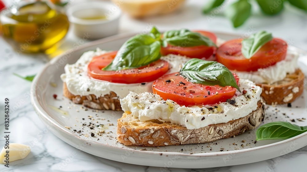 Italian sandwich or toast with tomato, cream cheese, olive oil and basil on a plate with marble background.