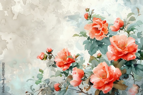  Watercolor painting of blooming pink roses with a soft background, perfect for art prints, greeting cards, and home decor. Ideal for floral-themed projects and artistic designs. Copy space included. © Yuliia