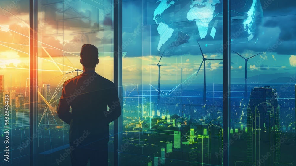 Fototapeta premium A man stands in front of a window with windmills visible in the background.