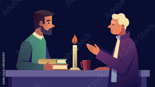 The pastor and congregant engage in a deep meaningful conversation their faces illuminated by the warm glow of a candle on the desk.. Vector illustration photo