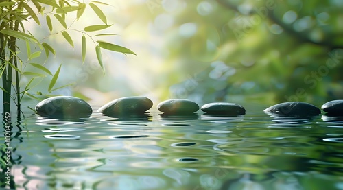 Zen stones in a tranquil water setting with bamboo leaves  perfect for wellness blogs  spa promotions  and meditation-themed projects.