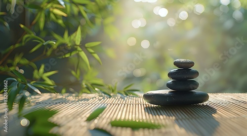Zen stones stacked on a bamboo mat with lush greenery in the background  perfect for wellness blogs  spa promotions  and meditation-themed projects.