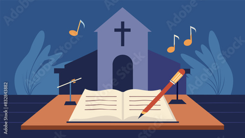 The peaceful silence of the empty sanctuary is broken only by the sound of the church musicians pen scratching out a melody on sheet music.. Vector illustration