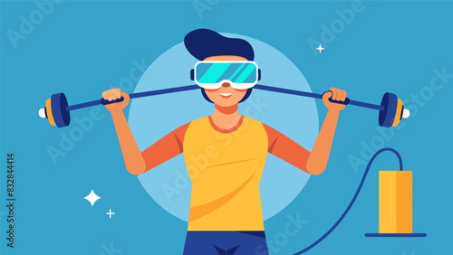 An individual using a VR headset and resistance bands to level up their strength and endurance through virtual combat simulations.. Vector illustration