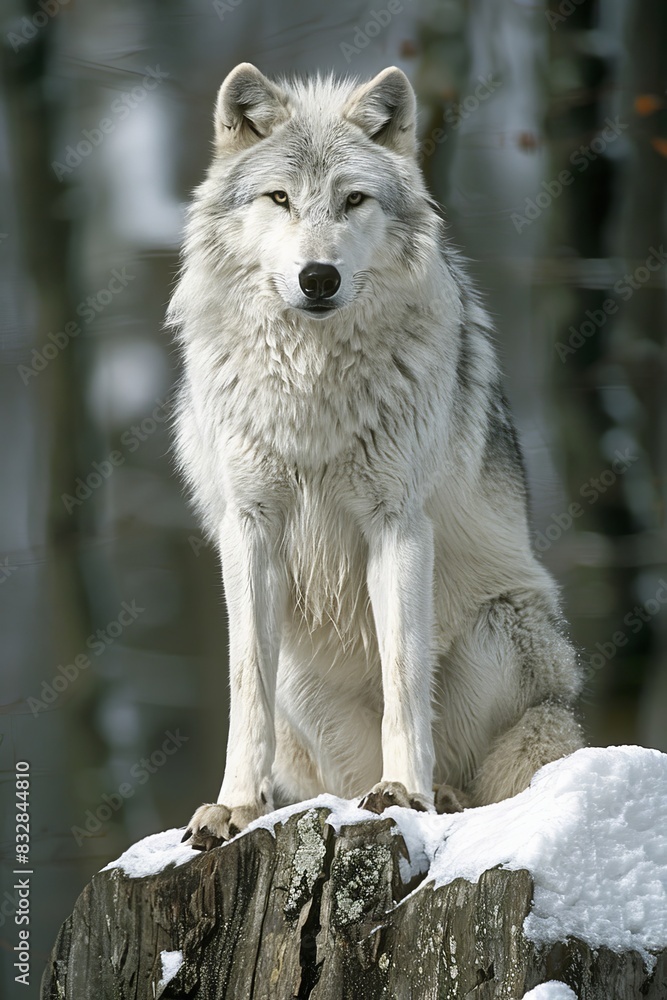 Obraz premium Graceful white wolf wandering through serene snowy landscape in a captivating scene