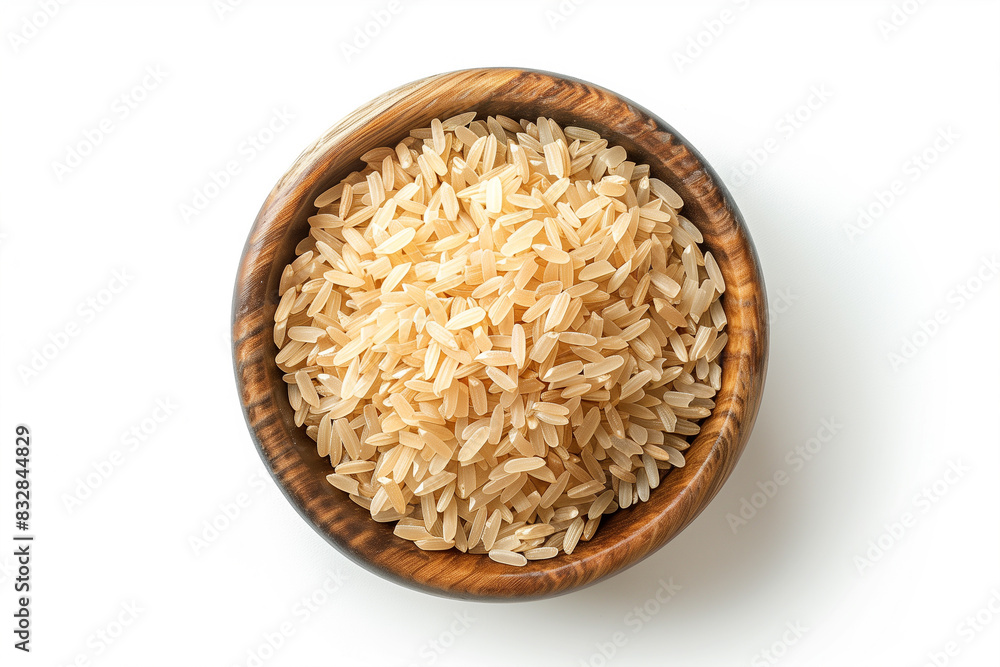Wooden Bowl Filled With Rice on White Table Wooden Bowl Filled With Rice on White Table