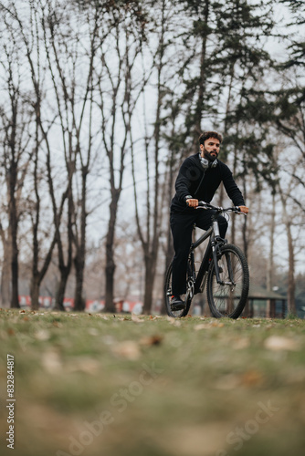 Focused male cyclist on a mountain bike contemplating nature, riding along a scenic path in a park with autumn foliage.