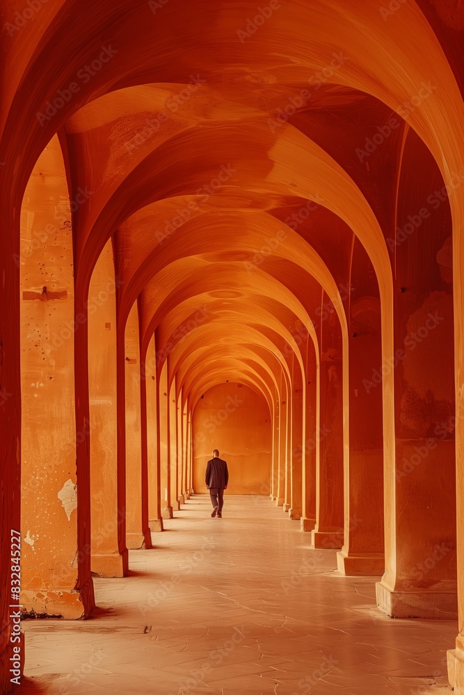 Obraz premium A solitary figure walks through a series of striking orange arches in an architectural corridor. 