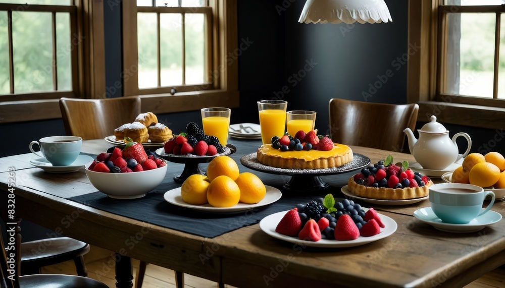 A luxurious breakfast spread featuring fresh fruits, pastries, and beverages on a rustic wooden table in a cozy setting.. AI Generation A luxurious breakfast spread featuring fresh fruits, pastries, and beverages on a rustic wooden table in a cozy setting.. AI Generation