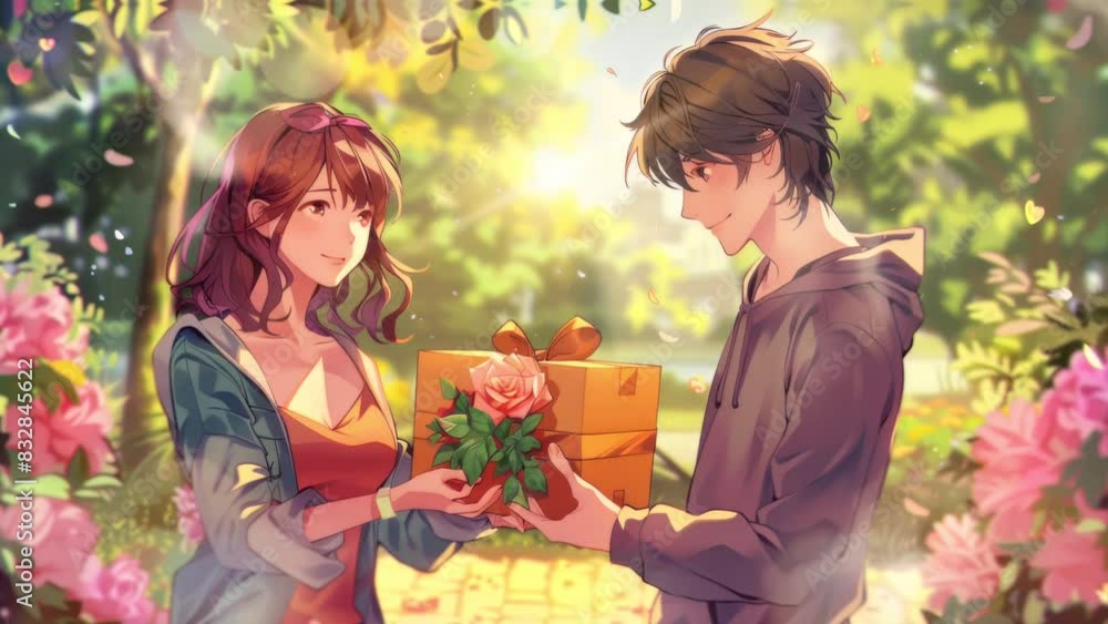 young man giving gift box to woman on valentine's day outdoors, anime style young man giving gift box to woman on valentine's day outdoors, anime style