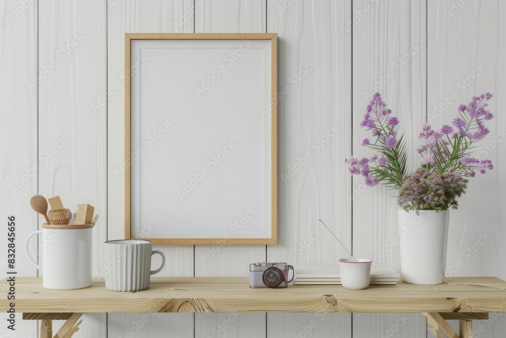 Minimalist living room with flower vase, ceramic pot, cup, camera mockup, and empty wooden picture frame on white wooden wall. Generative AI Minimalist living room with flower vase, ceramic pot, cup, camera mockup, and empty wooden picture frame on white wooden wall. Generative AI