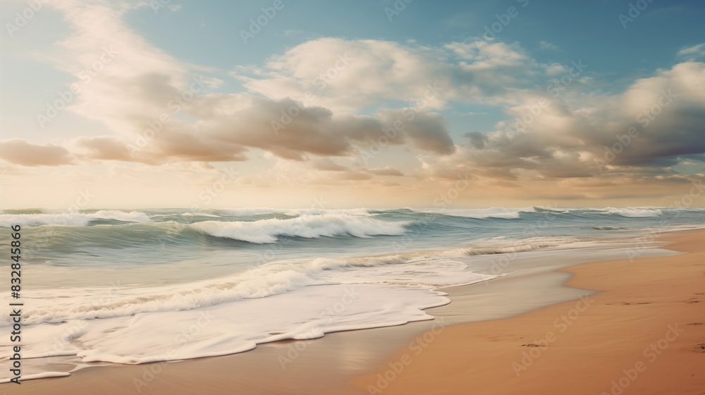 Beautiful scenic beach with waves crashing on the shore under a cloudy sky during sunset or sunrise Beautiful scenic beach with waves crashing on the shore under a cloudy sky during sunset or sunrise