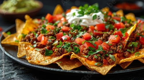 game day nachos, loaded with ground beef, guacamole, sour cream, and spice, these spicy nachos on a platter are the perfect game day snack