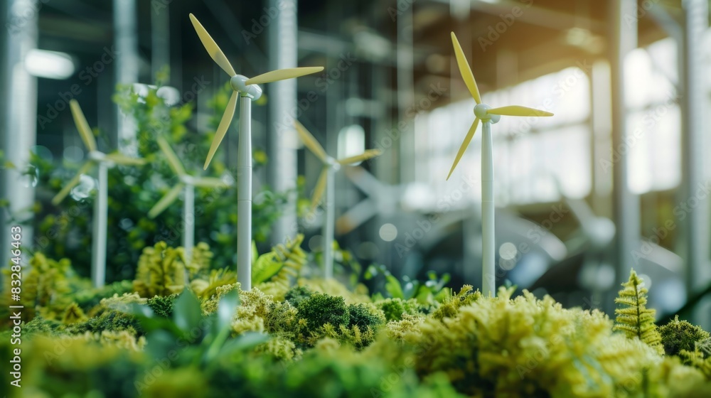 A group of wind turbines standing tall in a vibrant green field, harnessing wind energy. A group of wind turbines standing tall in a vibrant green field, harnessing wind energy.