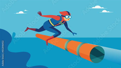 In a race against time a skilled diver swims along the underwater pipeline searching for any signs of corrosion or wear.. Vector illustration