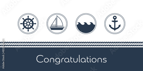Congratulations - Schriftzug in englischer Sprache - Glückwunsch. Maritime Karte mit Anker, Segelboot, Steuerrad und Wellen.
