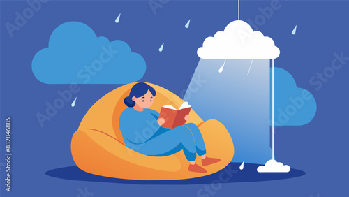 Snuggled in an oversized bean bag chair with a persons favorite childhood book watching the raindrops hit the skylight above.. Vector illustration