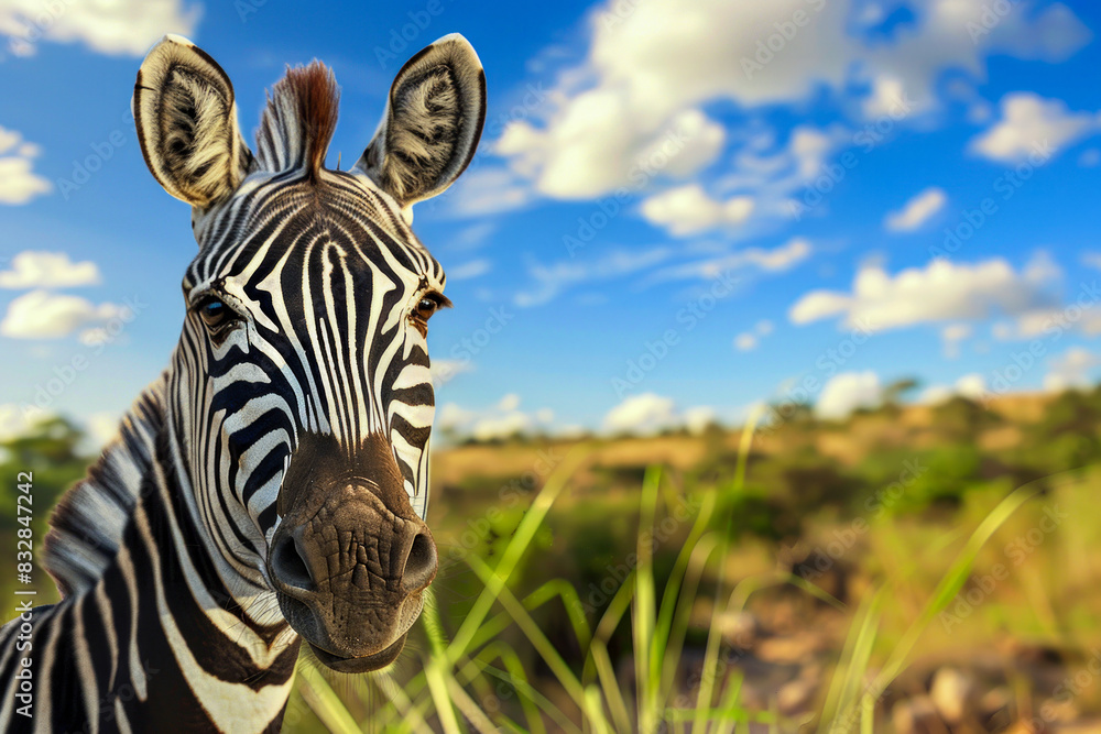 Fototapeta premium zebra's head with blue sky and savanna background.
