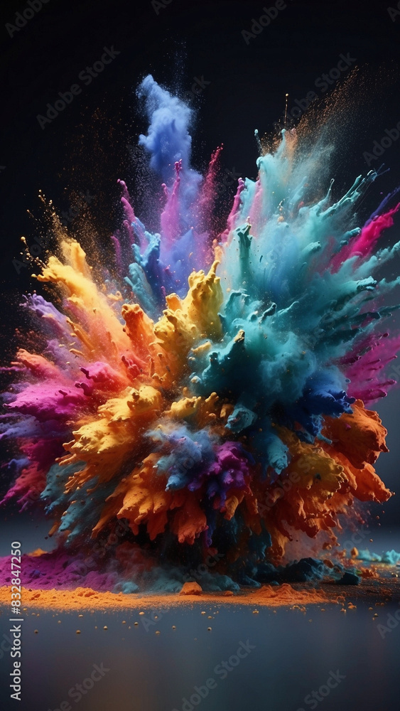 Fototapeta premium Colored powder explosion. Abstract closeup dust on backdrop. 