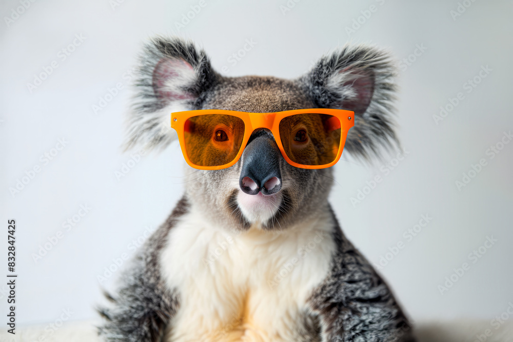 Fototapeta premium Koala wearing orange sunglasses, white background.
