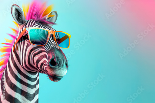 A zebra with a colorful mohawk and sunglasses.
