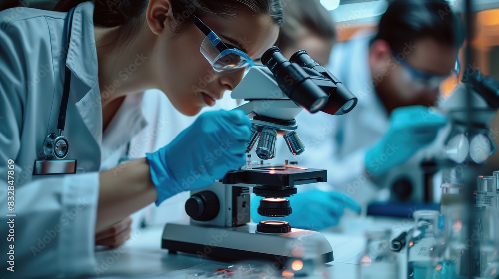 Scientist working with microscope in laboratory, closeup. Science, chemistry, biology, medicine and people concept Scientist working with microscope in laboratory, closeup. Science, chemistry, biology, medicine and people concept