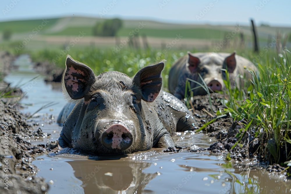 pig farm life, pigs joyfully wallowing in the mud on a sunny day in the countryside, showcasing the beauty of rural life pig farm life, pigs joyfully wallowing in the mud on a sunny day in the countryside, showcasing the beauty of rural life