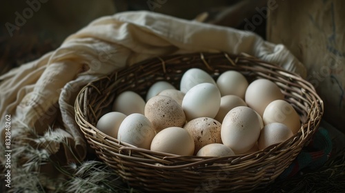 Eggs from an organic village arranged in a woven basket