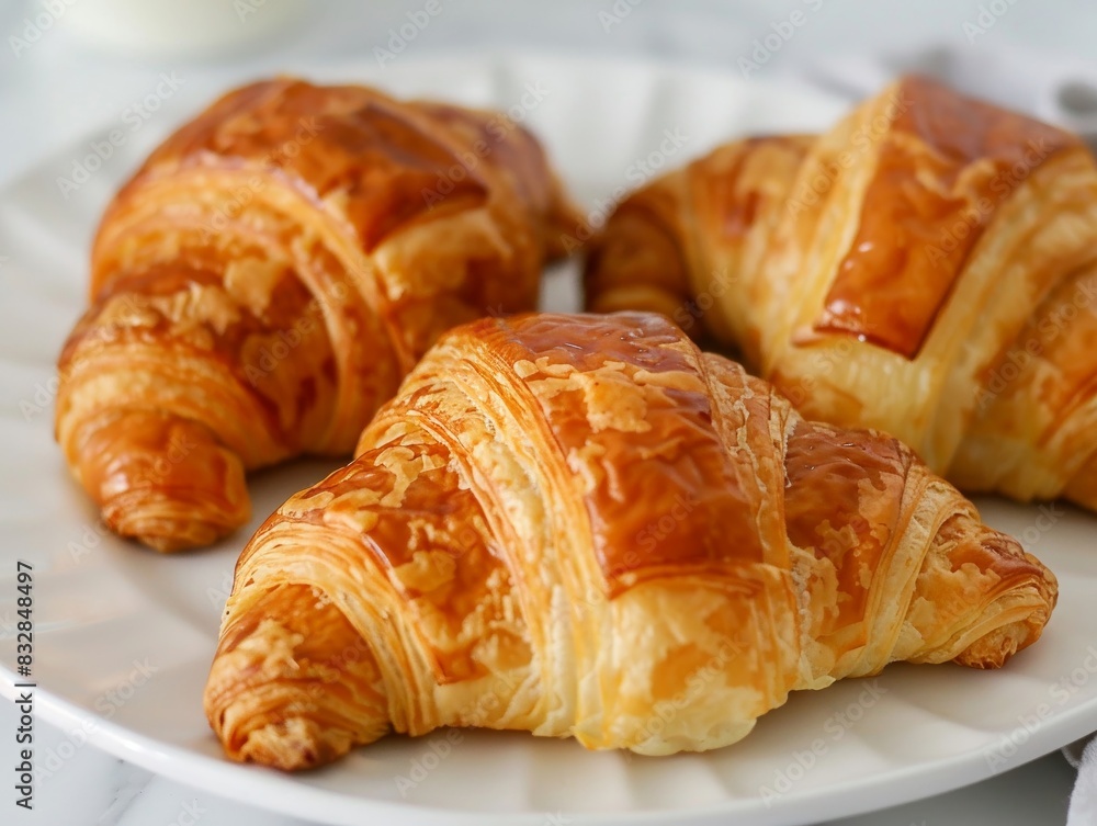 Classic French croissant, flaky and golden, set on a white plate, soft natural lighting, minimalist background Classic French croissant, flaky and golden, set on a white plate, soft natural lighting, minimalist background