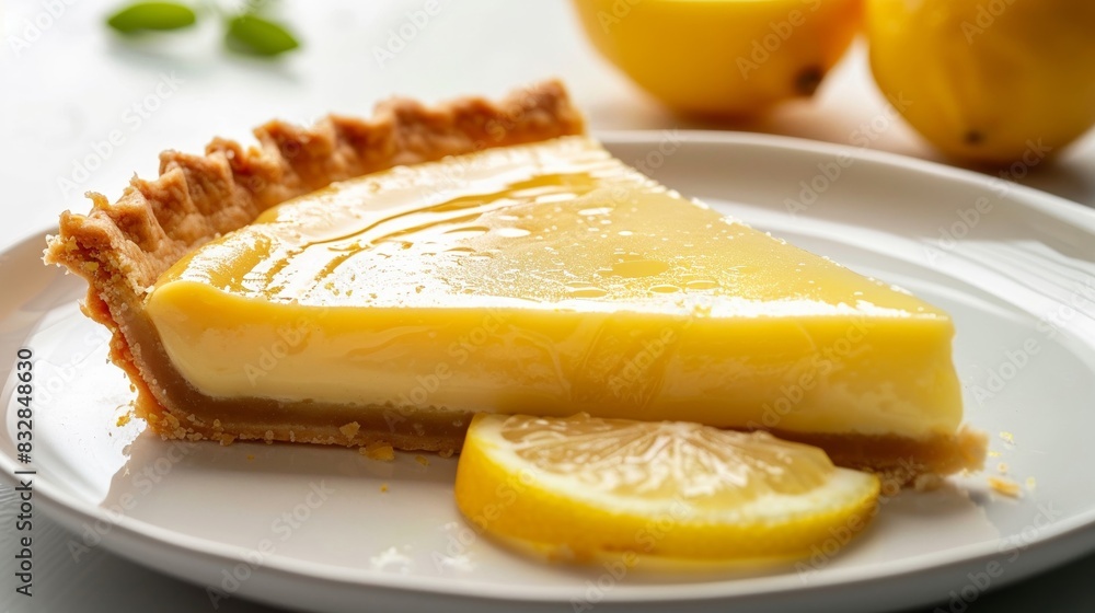 Classic tarte au citron with a golden crust, vibrant lemon filling, set on a white plate, minimal background, ideal for marketing Classic tarte au citron with a golden crust, vibrant lemon filling, set on a white plate, minimal background, ideal for marketing