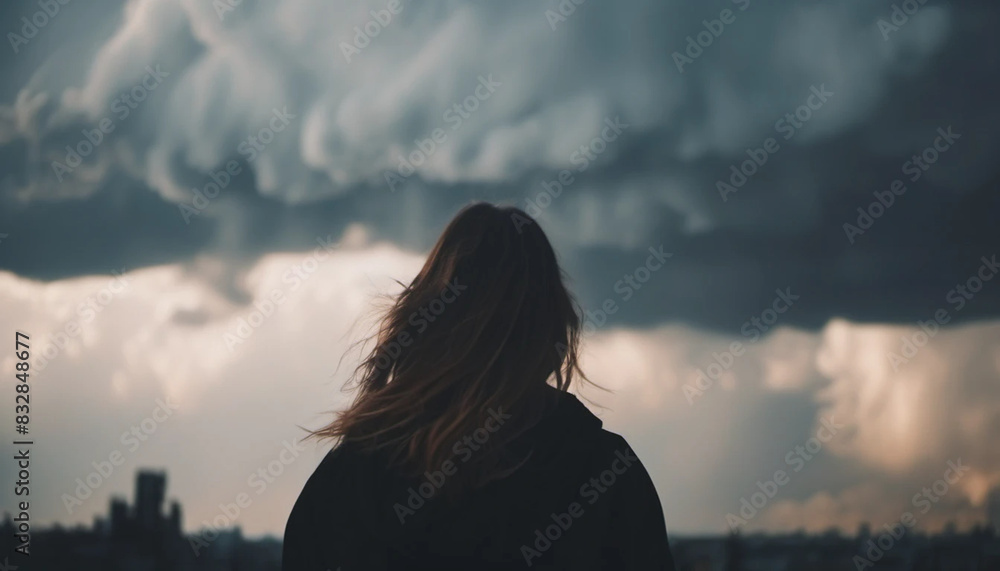 Young woman with dark clouds around. Concept of depression. Young woman with dark clouds around. Concept of depression.
