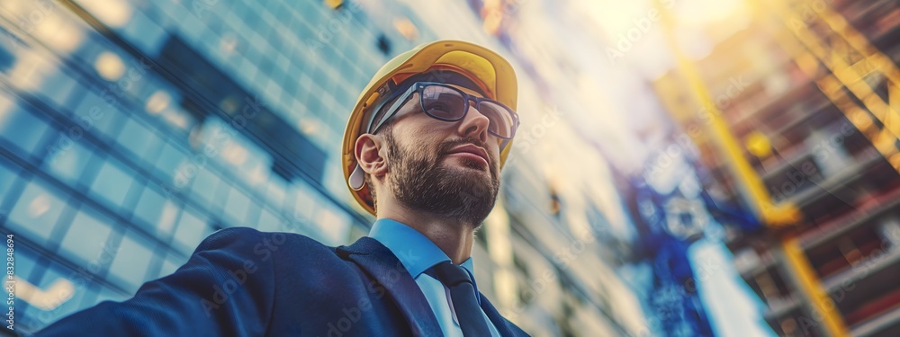 Young handsome architect smart Bim Manager, wearing a suite, half body, digital glasses, with construccion helmet, contruction building behind Young handsome architect smart Bim Manager, wearing a suite, half body, digital glasses, with construccion helmet, contruction building behind