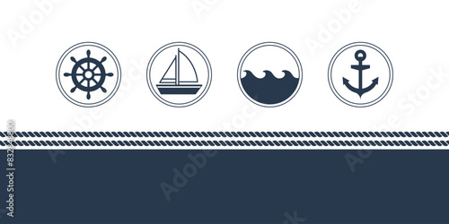 Maritime Karte mit Anker, Segelboot, Steuerrad und Wellen. Freier Platz für Text. Vorlage für Einladungen, Grußkarten, Social Media Posts und Werbung.