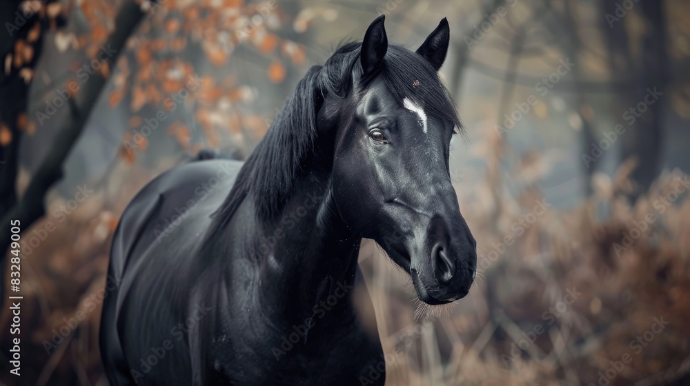 Stunning black horse with white marking on the forehead in a sprawling ranch Spanish breed