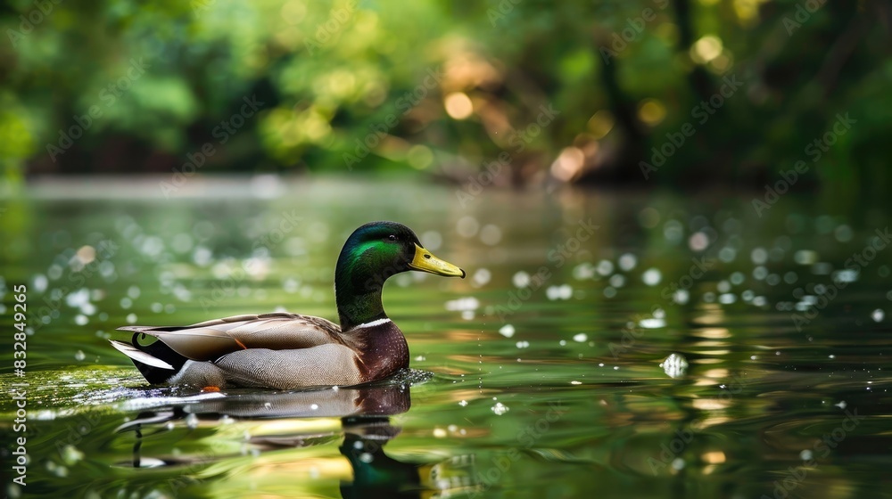 Obraz premium A male wild duck is swimming in a pond