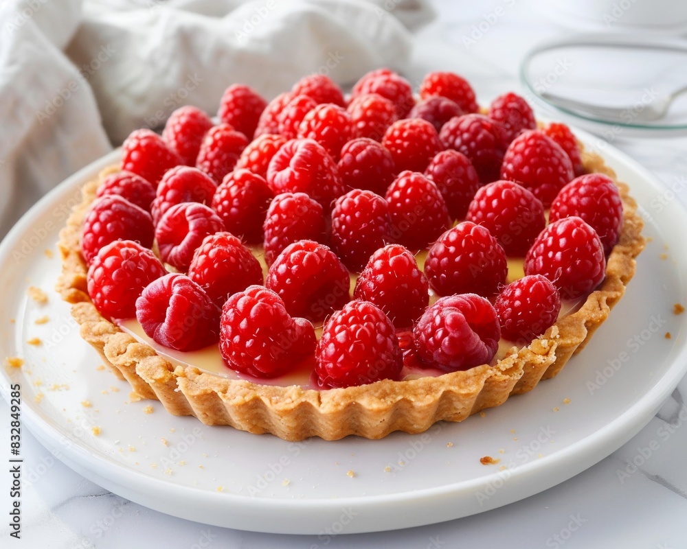 Raspberry tart with a buttery crust, fresh raspberries on top, set on a plain white plate, closeup detail, minimal background Raspberry tart with a buttery crust, fresh raspberries on top, set on a plain white plate, closeup detail, minimal background