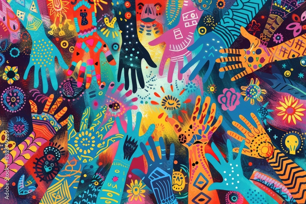 Diverse hands reaching out against a colorful background with intricate ...
