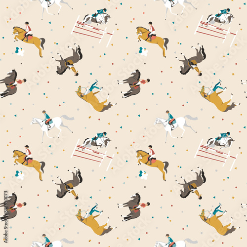 Seamless drawing with horses and riders in training
