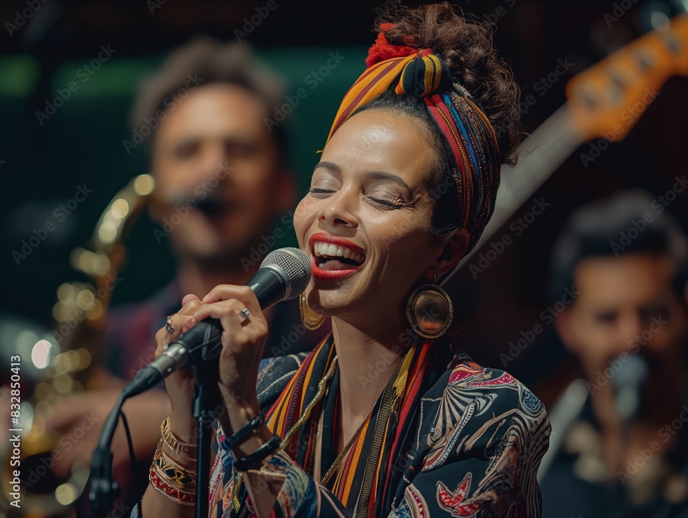 A woman singing with a microphone and a colorful scarf around her head. She is smiling and she is enjoying herself A woman singing with a microphone and a colorful scarf around her head. She is smiling and she is enjoying herself