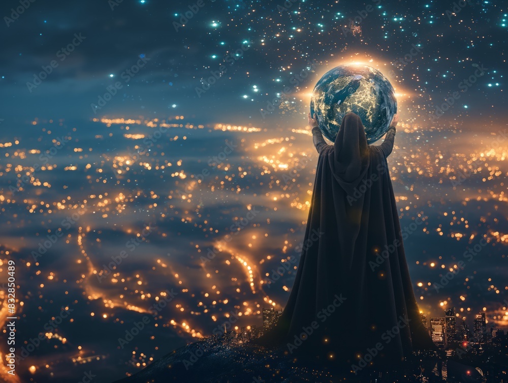 A woman is holding a globe in her hands while standing on a mountain. The scene is set in a city with a lot of lights, giving it a mystical and otherworldly feel A woman is holding a globe in her hands while standing on a mountain. The scene is set in a city with a lot of lights, giving it a mystical and otherworldly feel