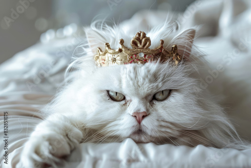 majestic white persian cat wearing a golden crown on soft bed photo